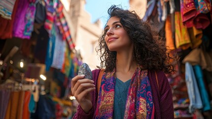 Obraz premium Young Woman Exploring Local Market with Liaison Stone in Hand