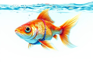 A vibrant goldfish wearing a small harness swims gracefully in clear water with bubbles. Bright, colorful aquatic life concept. Ai generative