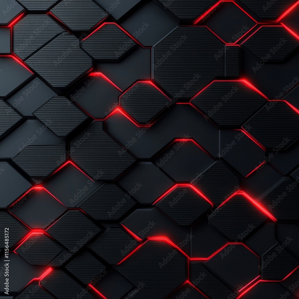 Poster Luxurious dark background with carbon fiber hexagon texture. Modern background with metal lines. Abstract futuristic luxury red background.