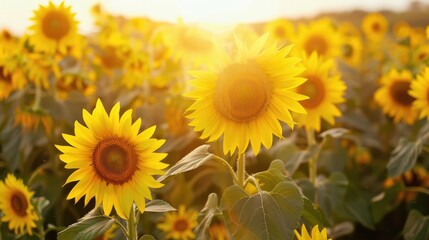 Obraz premium A vibrant field of sunflowers basking in sunlight, showcasing nature's beauty.