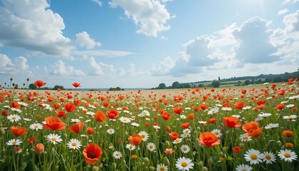 Vivid Poppies and Daisies Bloom in a Sunny Field