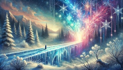 A Magical Ice Bridge Guiding Through a Tranquil Winter Forest to a Vibrant Fantasy Realm