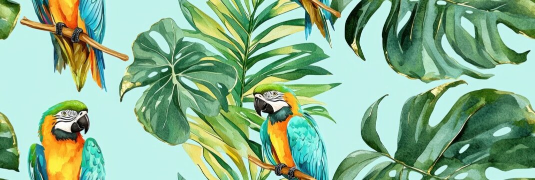 Tropical parrot seamless pattern with green leaves