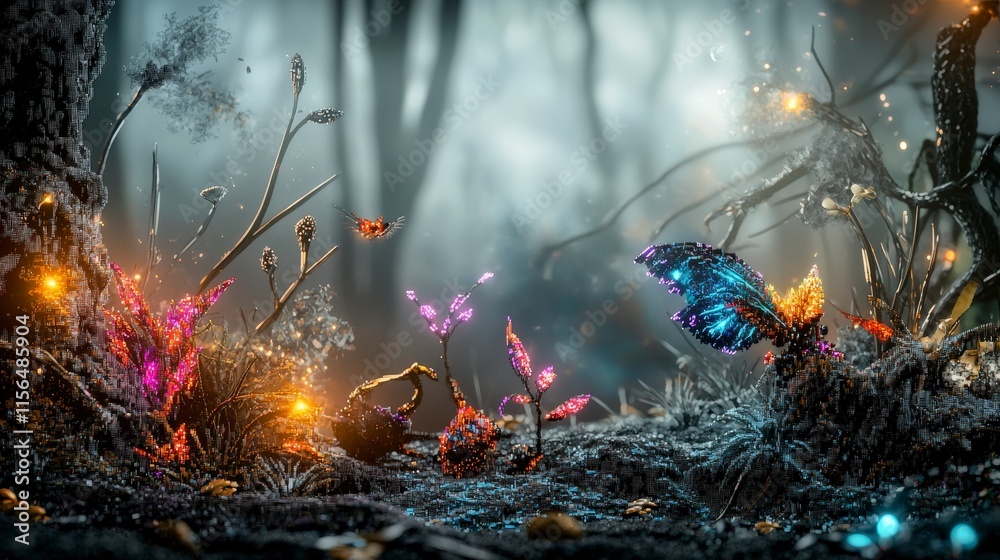 Aufkleber mystical glowing plants enchanted pixel forest digital art surreal environment close-up fantasy conc
