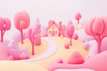 Fototapeta premium Landscape of a small house in a big pink forest