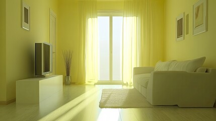 Sunny Living Room With White Sofa And Yellow Walls