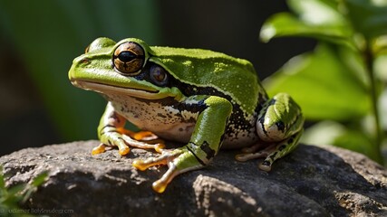 Naklejka premium In the Warmth of the Sun: Spencer’s River Tree Frog Resting on a Rock
