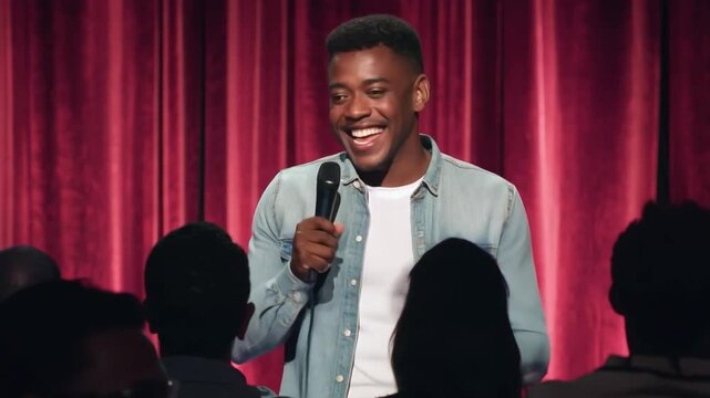 The comedian performs in front of an energetic audience, sharing jokes and observations