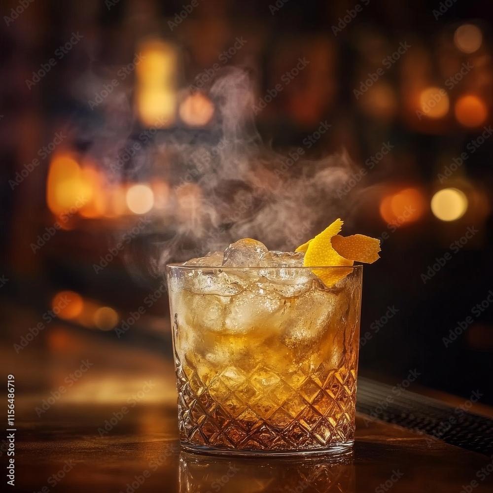 Aufkleber golden cocktail in the glass with one ice cube and orange zest on the bar counter in the dark blurre