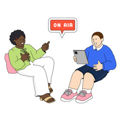 Host and guest recording a podcast