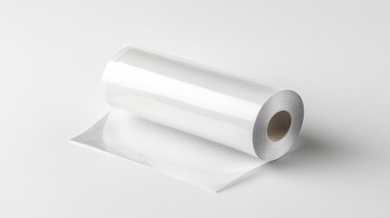 Rolled white shiny plastic paper isolated on a blank background with packaging elements