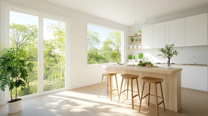 Naklejka premium Bright and Airy Modern Kitchen with Natural Light and Greenery, Minimalist Design Featuring Wooden Bar Stools and Large Windows for a Refreshing Ambiance