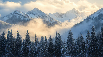 Winter sunrise and sunset over the snowy mountain range with alpine trees, clouds, and panoramic views in the Tatra Alps