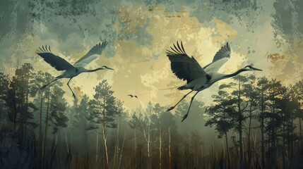 Two cranes fly gracefully over a misty forest landscape at dawn.