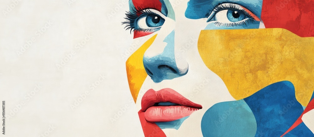 Poster abstract portrait art with colorful shapes in cut and paste style featuring empty space for text and