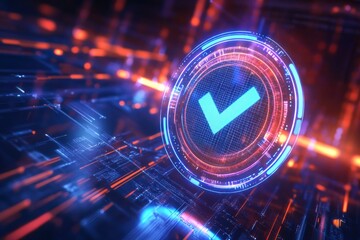 representing a hologram concept, Digital technology background with a blue checkmark icon in a circle