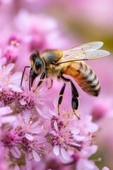 Photograph of a honey bee on pink flowers.