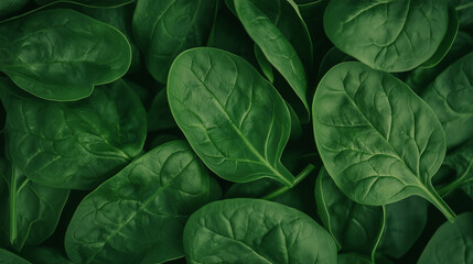 Fototapeta premium Spinach Leaves Texture: A vibrant close-up of lush spinach leaves, showcasing their rich green hue and intricate details, perfect for culinary, health, and nature-themed projects.