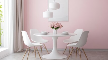 Modern Pink Dining Room With White Table And Chairs