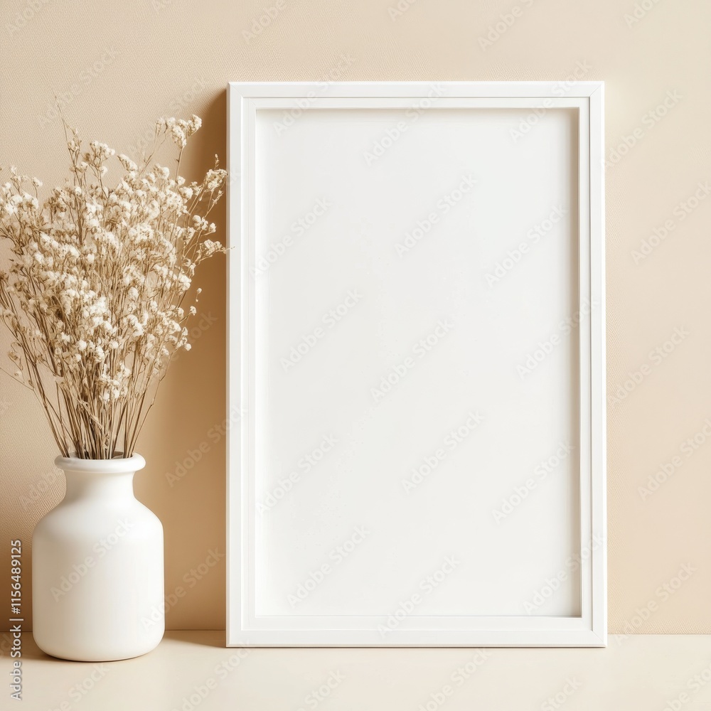 Poster blank white picture frame on a plain beige background. empty poster mockup for art display. no peopl