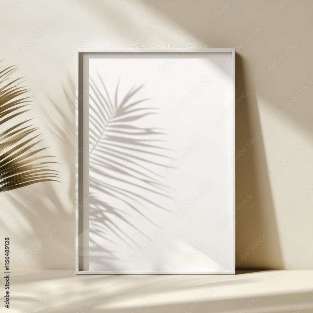 Poster blank white picture frame on a plain beige background. empty poster mockup for art display. no peopl