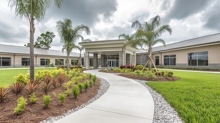 Senior care facility exterior with well-maintained garden and welcoming entrance. Emphasizing comfort and dignity in elderly living environments.