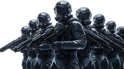 Fototapeta premium Futuristic Soldiers Stand Firmly Against White Background: A Striking Digital Painting in a Dark, Realistic Style. AI Generated
