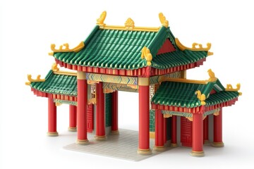 Naklejka premium Chinese style green roof red arch on white background chinese architecture