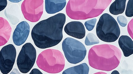Abstract pattern of colorful, smooth stones in shades of pink and blue on a light background.