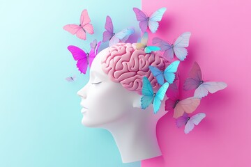 Human head brain and butterflies surrounding it in the mental health awareness concept