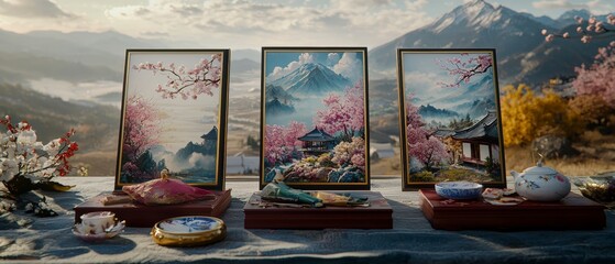 Obraz premium Tranquil Asian Landscape Paintings Framed Art Tea Ceremony Mountain View