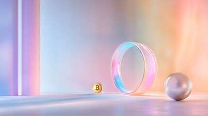 glowing cryptocurrency token beside futuristic ring and sphere, showcasing vibrant colors and modern design