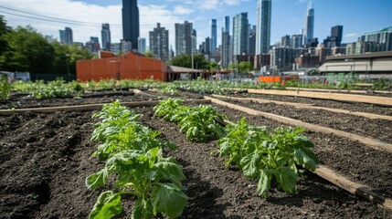 Urban garden with young potato plants, city skyline in background.