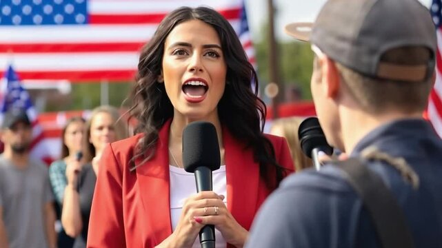 Female journalist reporting live for television holding microphone