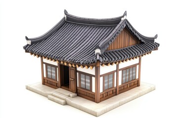 Traditional Korean wooden house model on white background