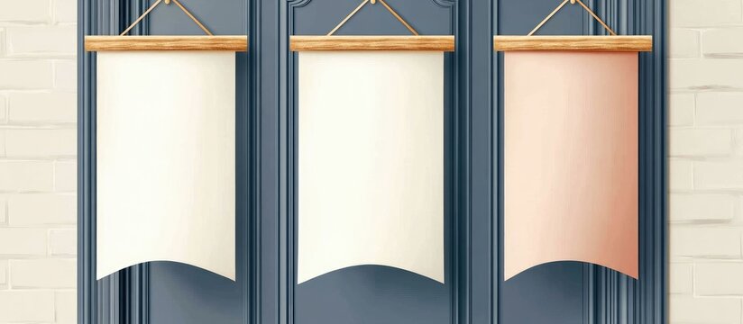 Blank signboards hanging on doors with empty space for customizable text suitable for advertising or marketing purposes