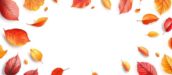 Obraz premium Autumn leaves falling gracefully on a white background creating a serene space for seasonal text and design elements.