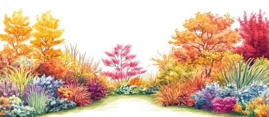 Vibrant autumn garden landscape with colorful foliage and ample blank space for text or design elements