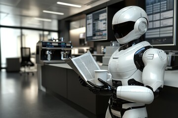 A robot is drinking coffee and reading a newspaper