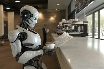 A robot is drinking coffee and reading a newspaper