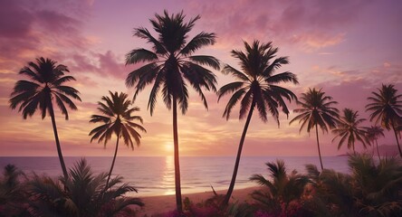 Dreamy sunset over a beach, with palm trees gently swaying in shades of pink, purple, and gold. 