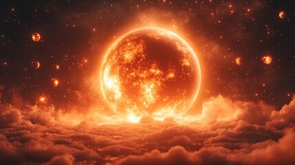 Obraz premium A vibrant sun rising above clouds, surrounded by glowing celestial bodies.