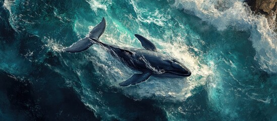 Fototapeta premium Aerial view of a whale in turbulent ocean waters with a rugged coastline highlighting wildlife conservation and ample space for text