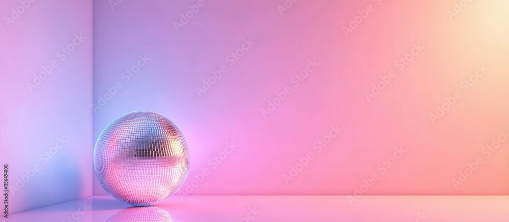 Poster colorful abstract disco ball reflecting lights in a vibrant setting with ample empty space for text 