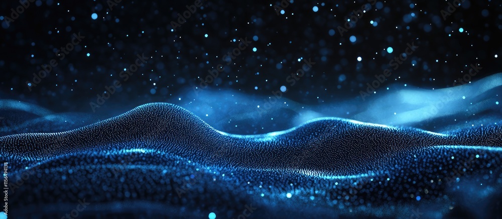 Poster Abstract glowing waves of blue and gray digital technology with dots and lines creating depth and empty space for your text or content