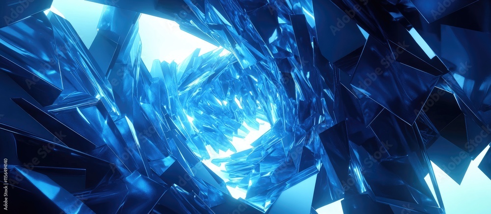 Poster glowing blue abstract wireframe tunnel with crystal-like structures and empty space for text or grap