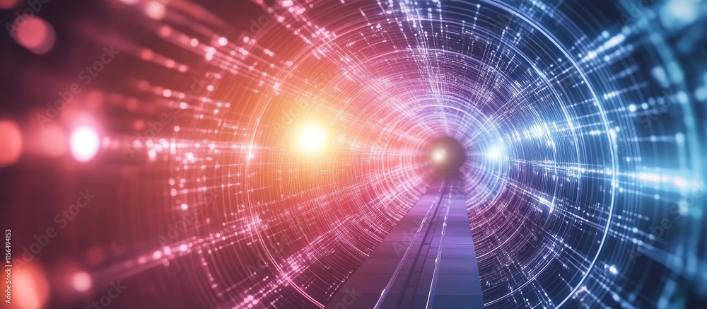 Poster digital abstract tunnel with vibrant glowing lines and lights creating a futuristic background with 