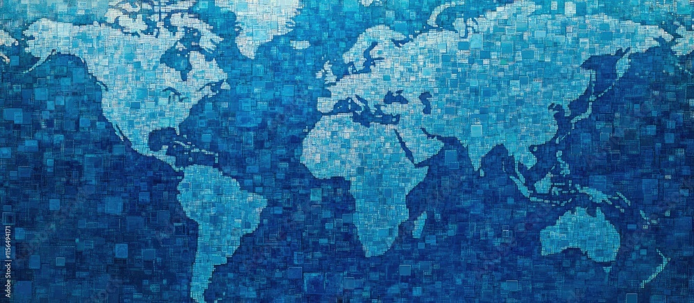 Poster abstract digital world map in shades of blue featuring binary data pattern with space for text and c