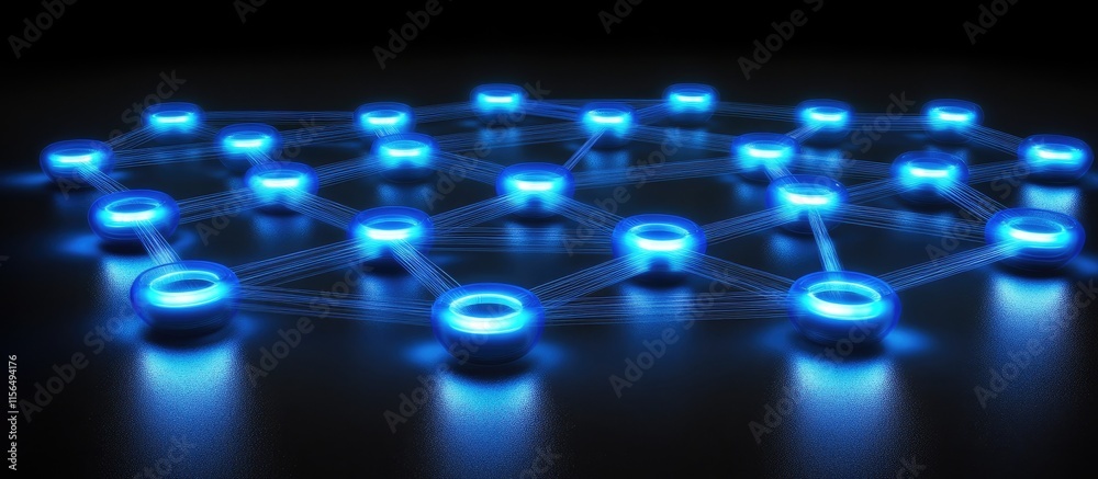 Poster abstract digital network of glowing blue nodes and connecting lines on dark background illustrating 
