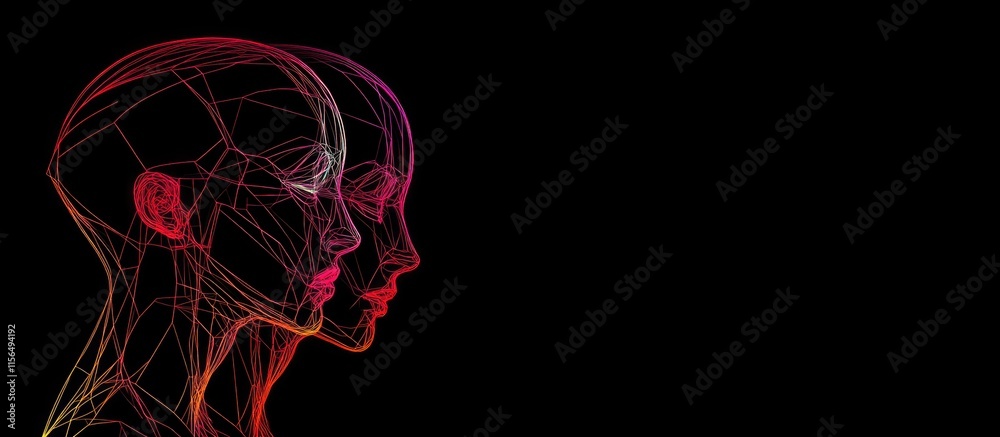 Poster futuristic digital illustration of two interconnected heads with abstract lines symbolizing advanced